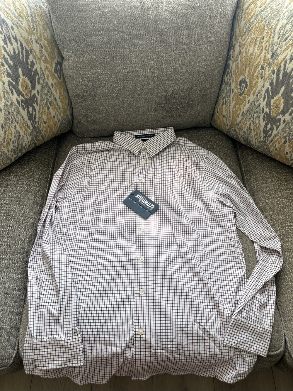 Men's Checked Long-Sleeve Button-Up Shirt - White & Brown